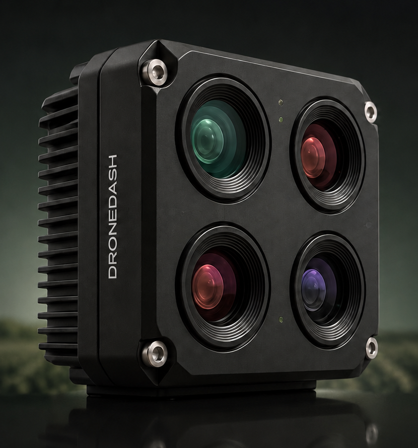 DroneDash in-house multispectral camera with its complete four-lens housing