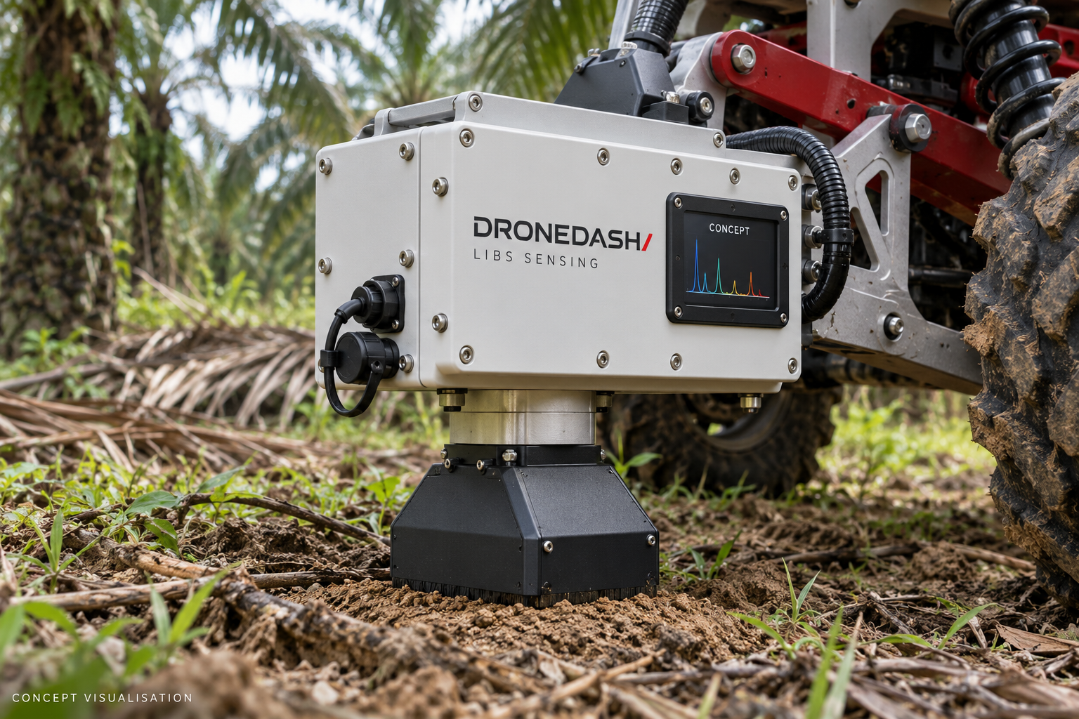 Conceptual white DroneDash LIBS module with protective sampling hood mounted under an AGV in a palm plantation